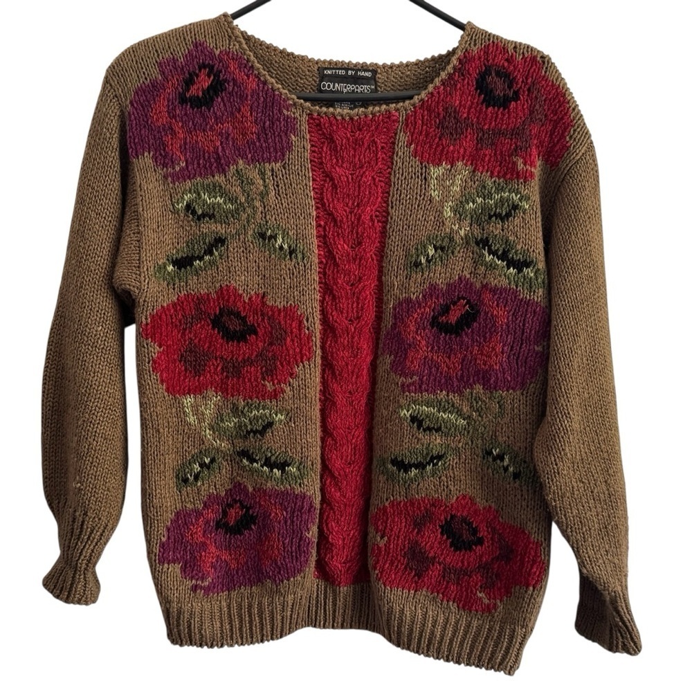 Vintage Counterparts Floral Knit Fall Winter Thick Retro 90s Sweater Size Medium - Picture 5 of 14